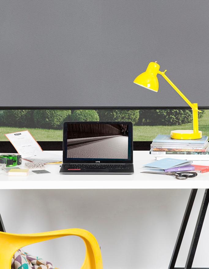 grey blockout roller blinds in modern desk study office scene on white walls