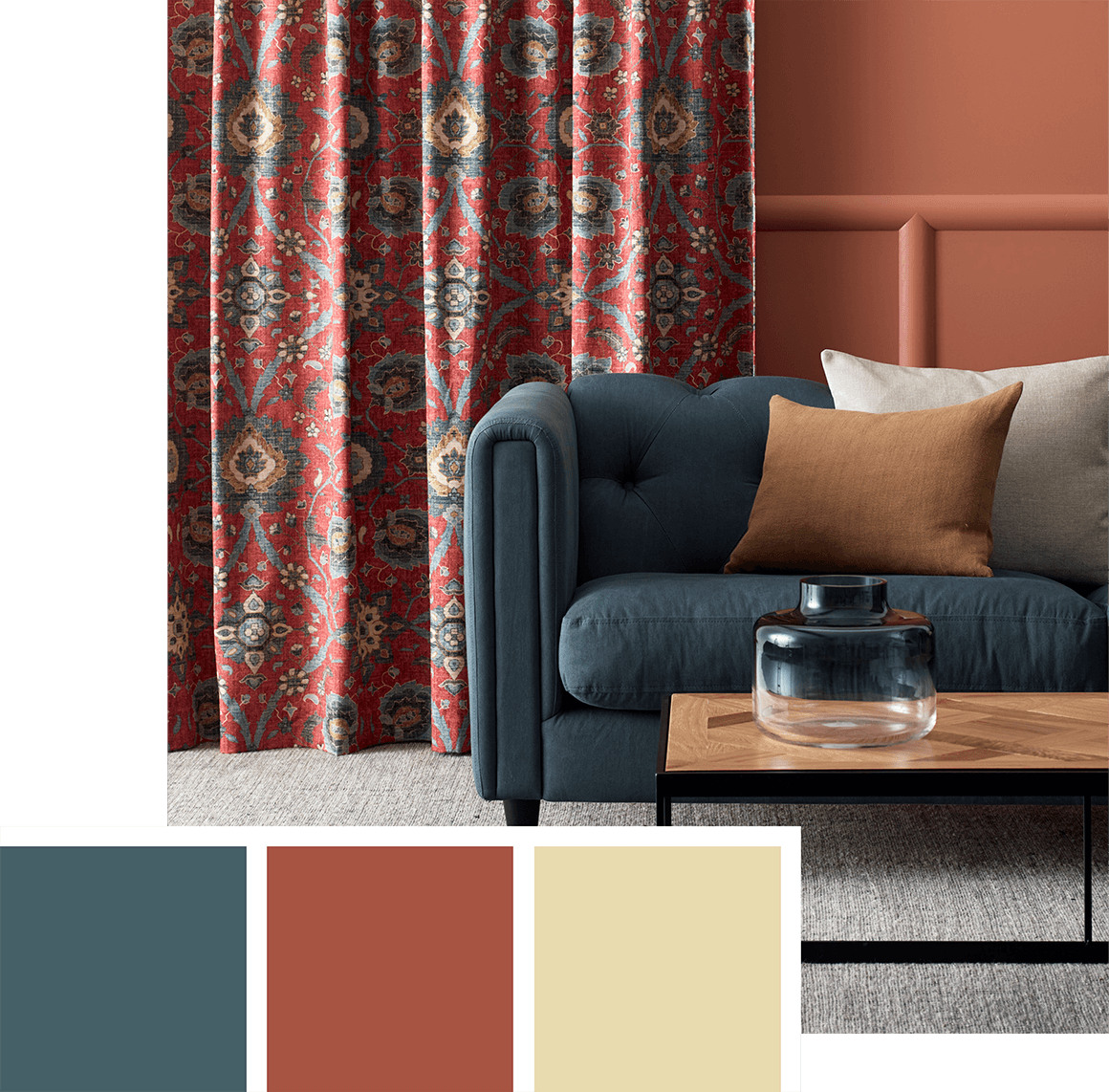 red navy blue brown decorative pattern curtains in contemporary lounge room on tan brown walls