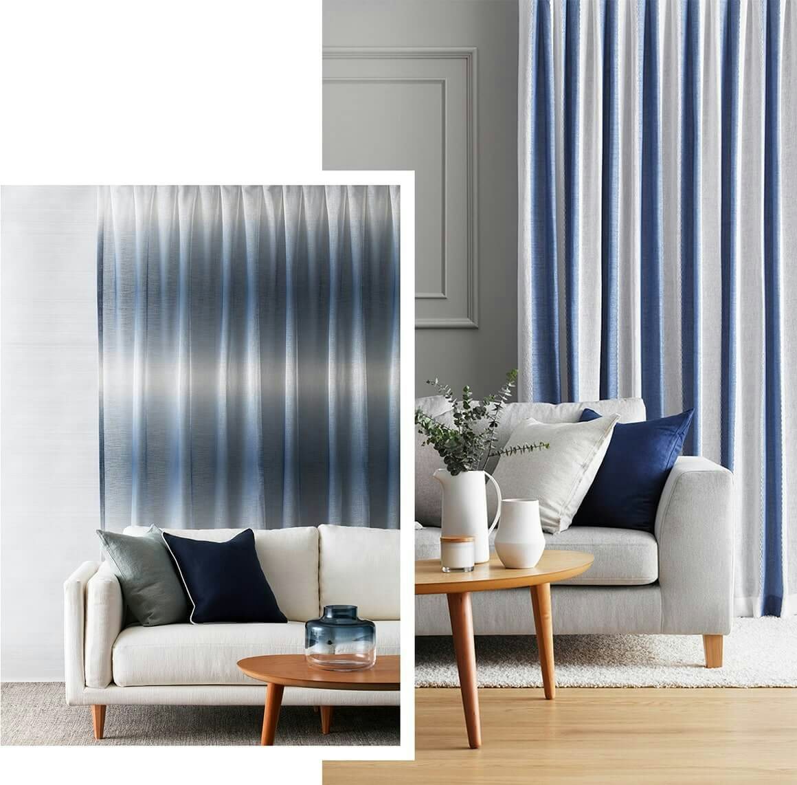 various blue and white striped curtains in modern lounge rooms