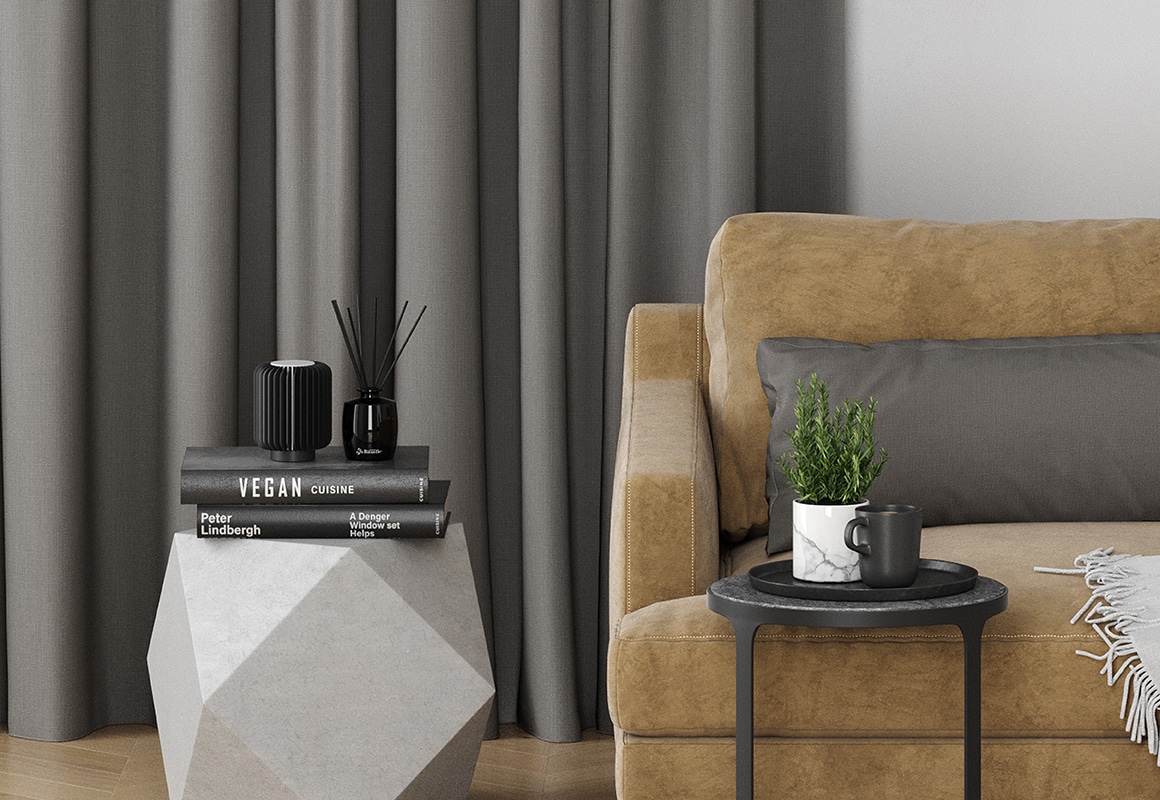 grey curtains in modern lounge room on grey walls