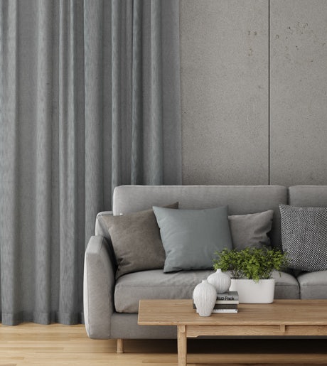 grey eco curtains in modern lounge room on grey walls