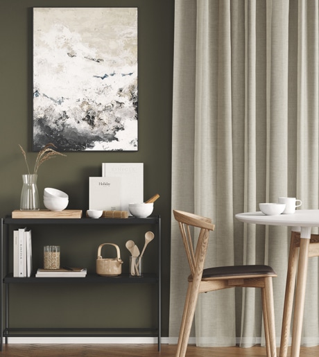 beige sheer curtains in contemporary minimal dining room on olive green walls