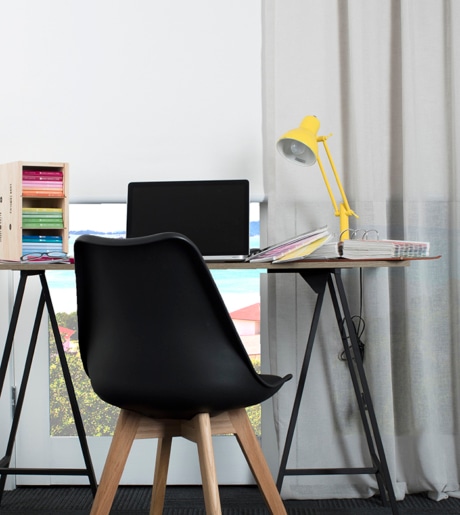 white blinds and grey sheer curtains in modern desk office study room