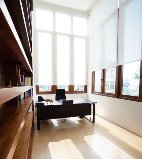 white sunscreen blinds in luxury contemporary office room on white walls